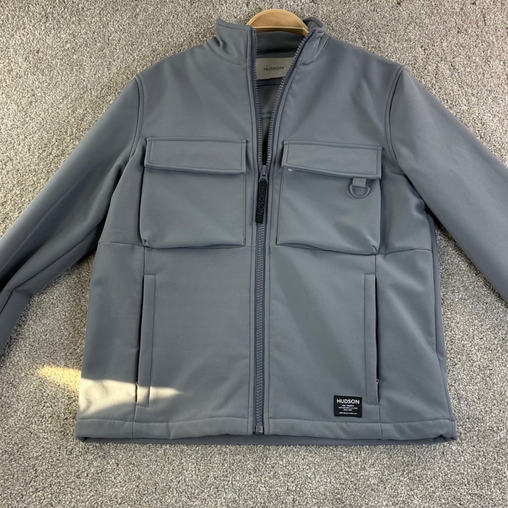 HUDSON Men S Soft Shell Grey Fleece Lined Utility Jacket Pockets Full Zip NWT